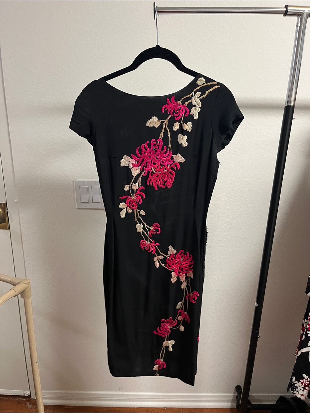Black Dress with Pink Floral Embroidery